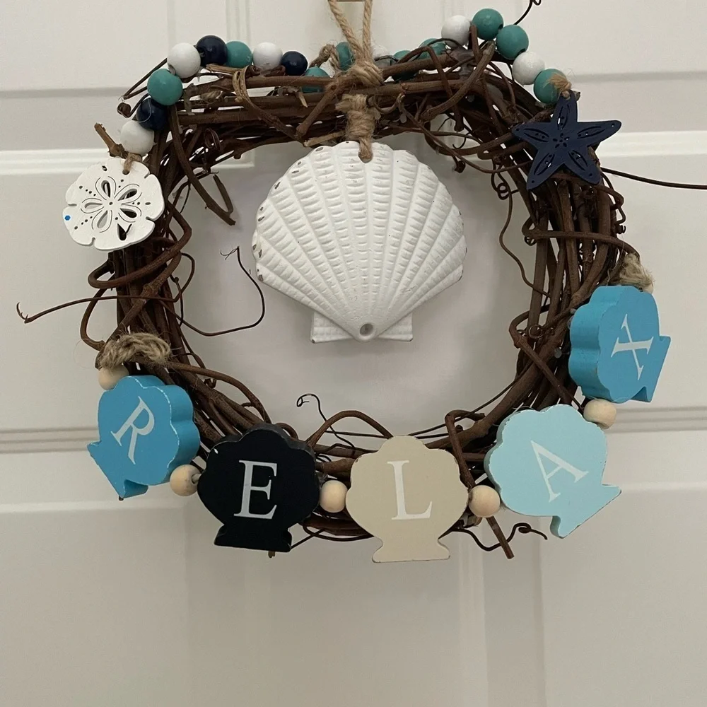 Coastal “Relax” Grapevine Wreath with Shell Accents